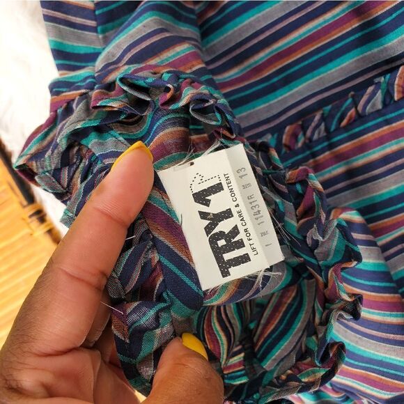 Vtg Ruffle Detail TRY 1 Striped Multicolored Secretary Style Shirt. Sz S Fit - Picture 4 of 12